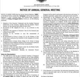 Del Monte Pacific Limited to hold Annual General Meeting on Aug. 30