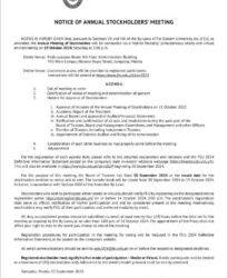 Far Eastern University, Inc. to hold Annual Stockholders’ Meeting on Oct. 19