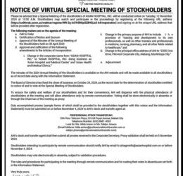 Asian Hospital, Inc. to hold virtual Special Meeting of Stockholders on Nov. 12