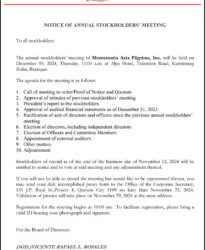 Montemaria Asia Pilgrims, Inc. to hold Annual Stockholders’ Meeting on Dec. 5