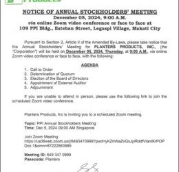 Planters Products, Inc. to hold Annual Stockholders’ Meeting on Dec. 5 via Zoom